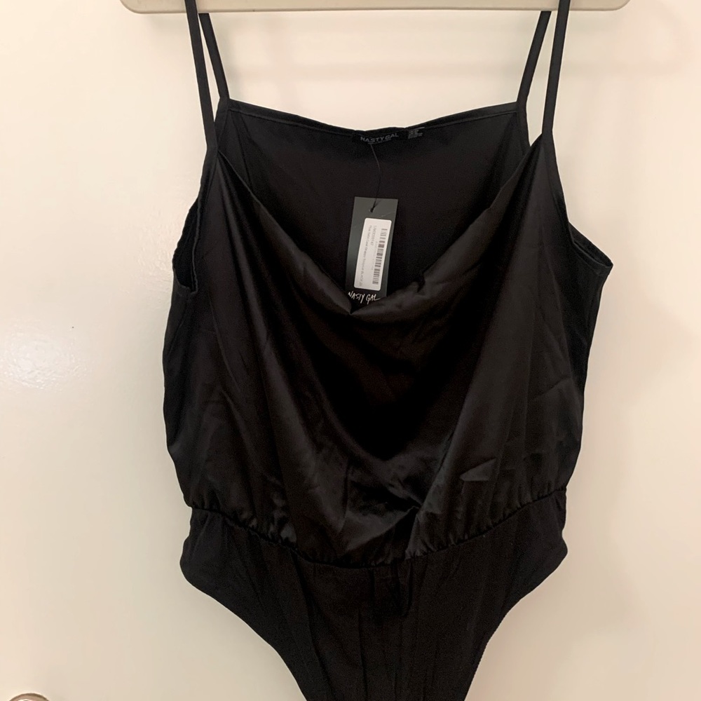 satin cowl neck thong bodysuit